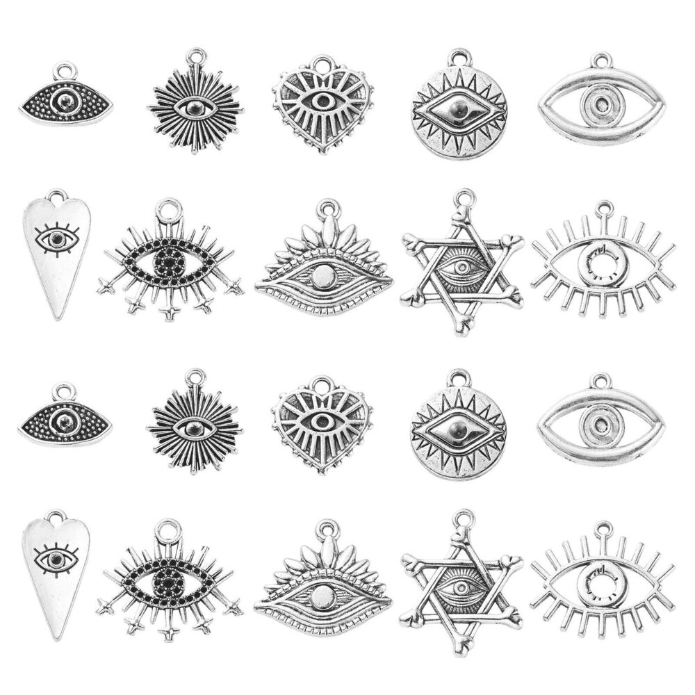6802 100Pcs 10 Styles Evil Eye Charms Antique Silver with Sun Heart for DIY